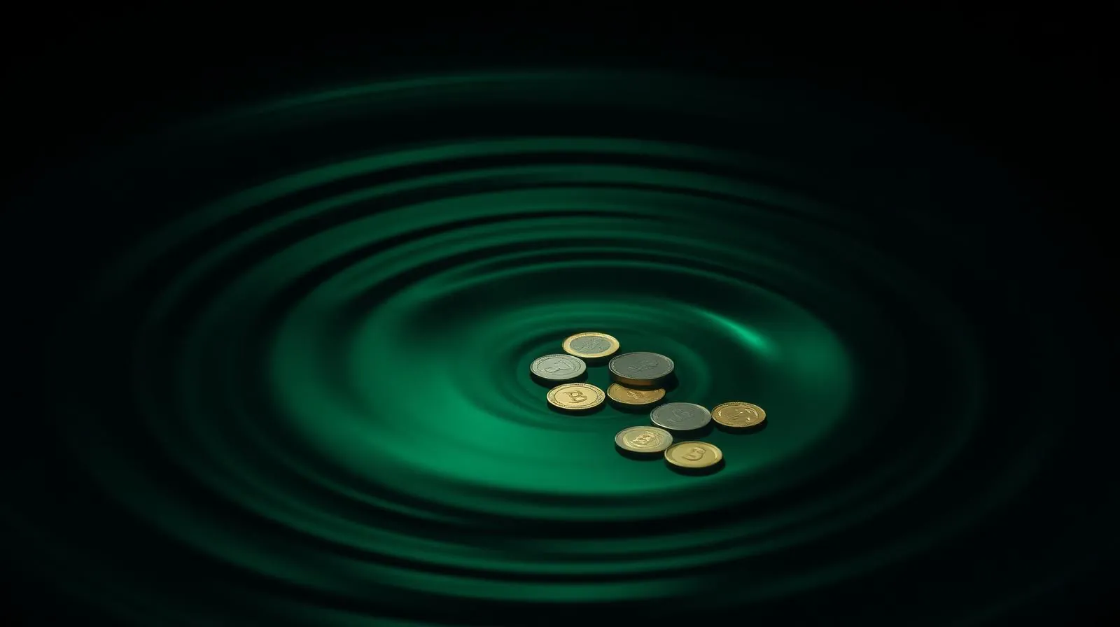 Ondas concéntricas verdes sobre agua oscura con monedas hundidas apenas visibles