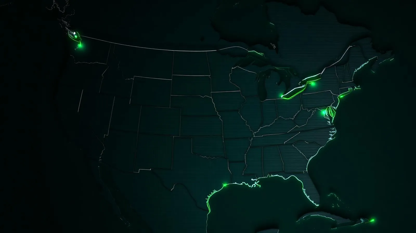 Mapa metálico de Norteamérica con líneas de luz verde conectando México, EE. UU. y Canadá